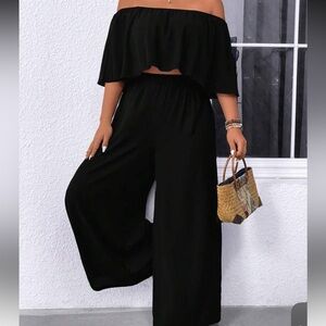 Elegant Black Wide-Leg Pants and Off Shoulder Top